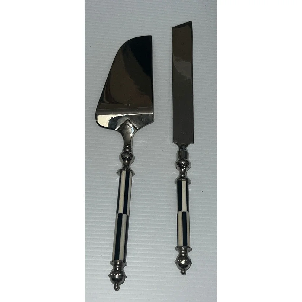 Cake Server Knife Set Black White Good Courtly Check Pattern